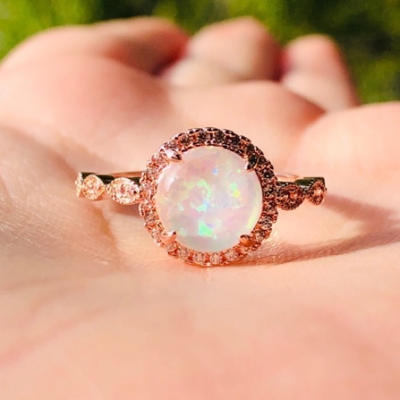 NEW ROSE GOLD ROUND OPAL DIAMOND HALO RING - Picture 2 of 6